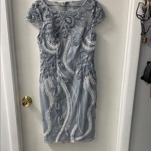 Adrianna Papell Silver-Gray Embroidered Midi Sheath Dress